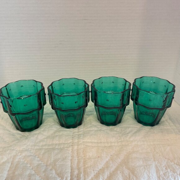 Set Of 4 Vintage Green Glass Small Tumblers Shot glasses or Candle Holders with - Picture 3 of 10